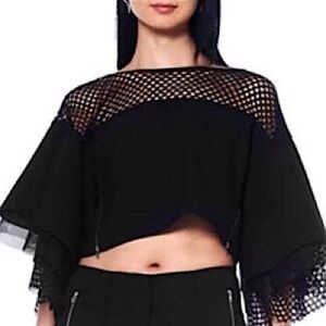 🖤 GRACIA 🖤 NWT Cropped Black Fishnet Mesh Blouse with Butterfly Sleeves Zipper